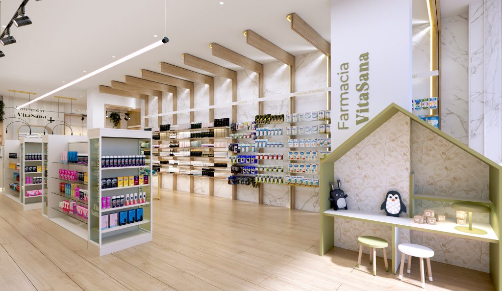 Area mamma-bambino in farmacia. Progetto di Inside Pharmacy.