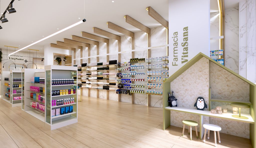 Area pediatrica in farmacia. Farmacia progettata e ristrutturata da Inside Pharmacy.