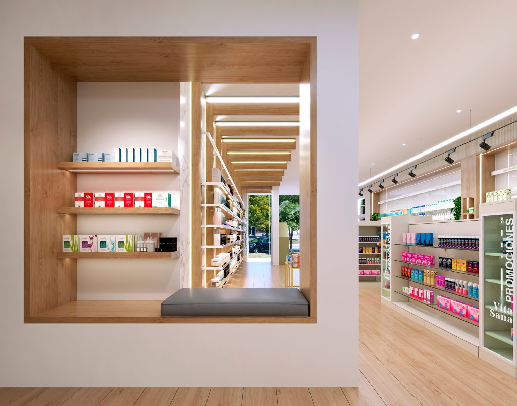 Zona relax e consultazione in farmacia moderna. Inside Pharmacy.